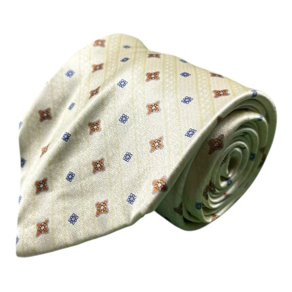 Brioni Light Yellow Orange Blue Geometric Smooth Silk Men's Tie 3.75 Inch Width